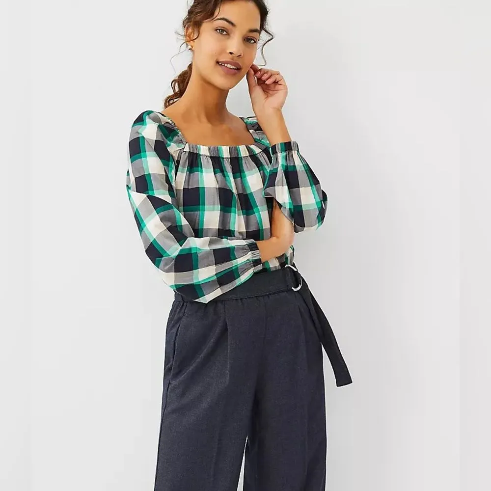 ANN TAYLOR Gingham Plaid Square Neck Peasant Top S Preppy Academia Cottagecore - Image 6