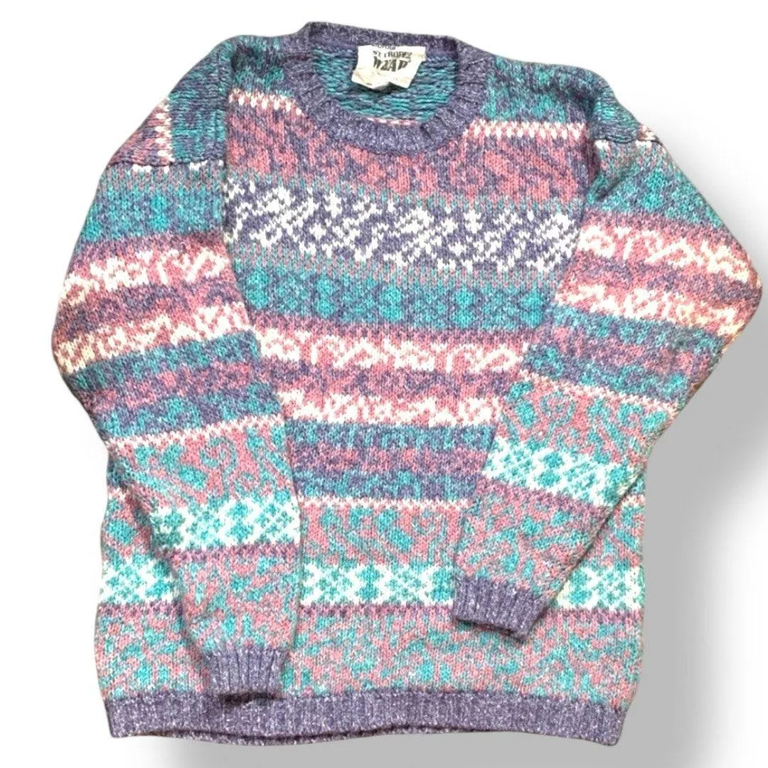 Vintage Carole Little St Tropez Wear Pastel Knit Sweater 90s Abstract Art Medium Pink - Image 9