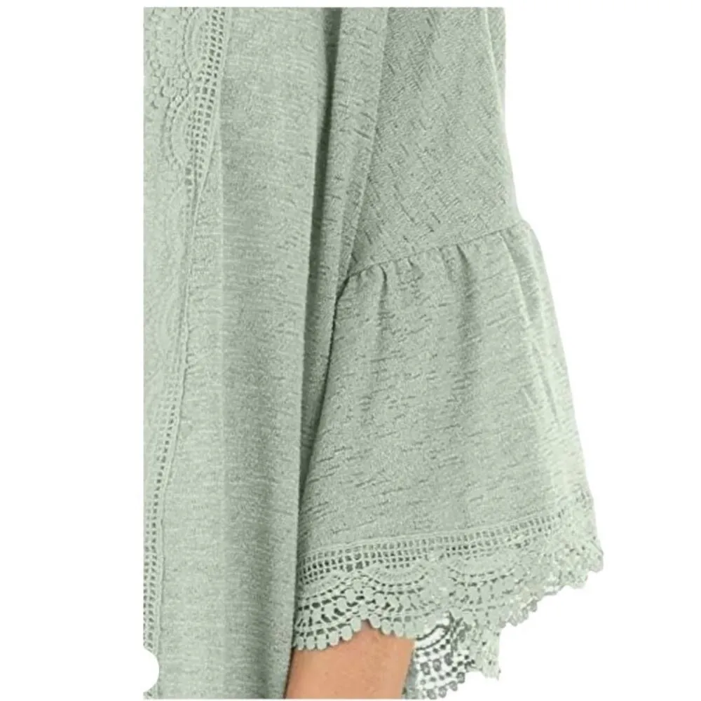 SPADEHILL Sage Green Waterfall Long Open Scalloped Lace Trim Cardigan ~ MEDIUM - Image 6