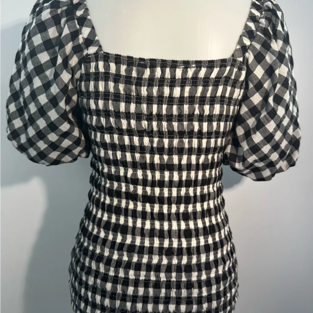 Endless Rose XS Black White Gingham Smocked Puff Sleeve Mini Dress Cotton Boho! - Image 7