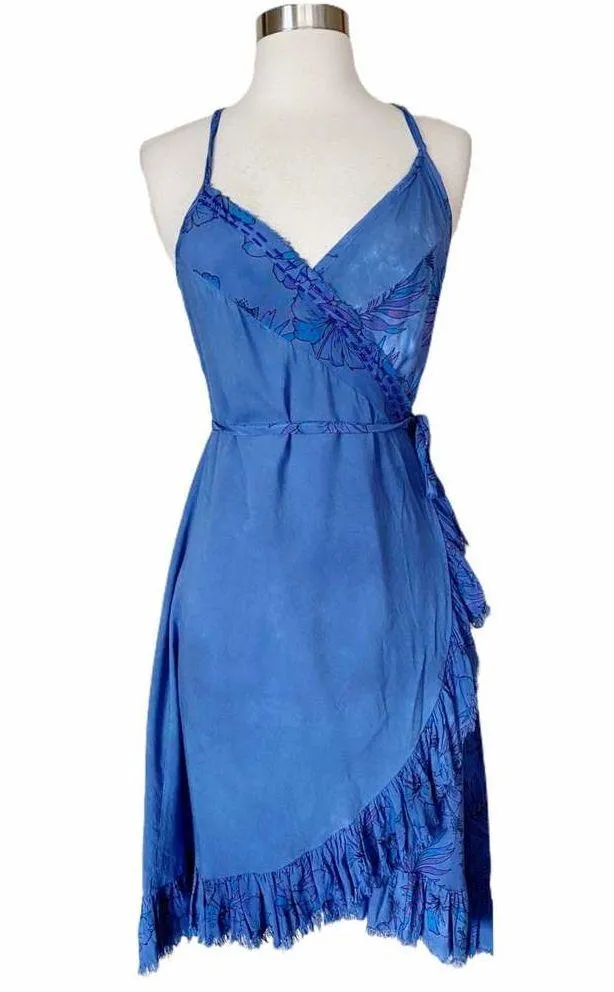 Resort Midi Wrap Dress by T. ZOVICH Cobalt Blue Sleeveless Tan Raw Hem Small - Image 7