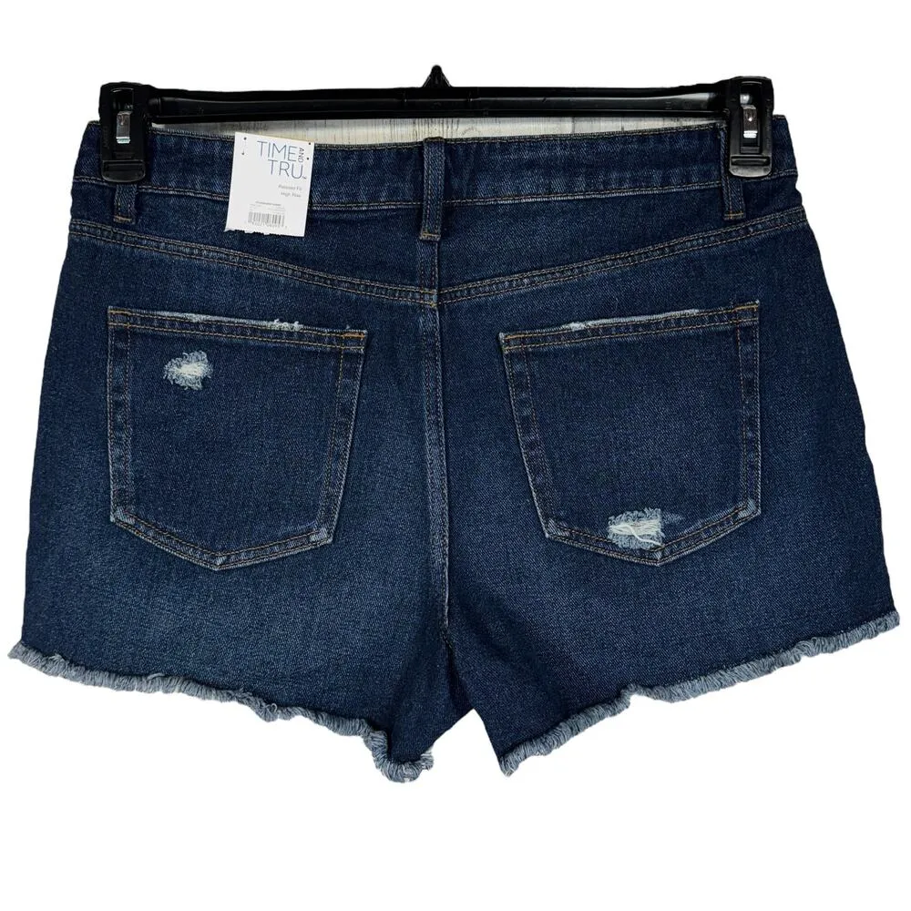 Time and Tru SZ 12 High-Rise Jean Shorts Relaxed Fit Distressed Frayed Hems Blue - Image 4