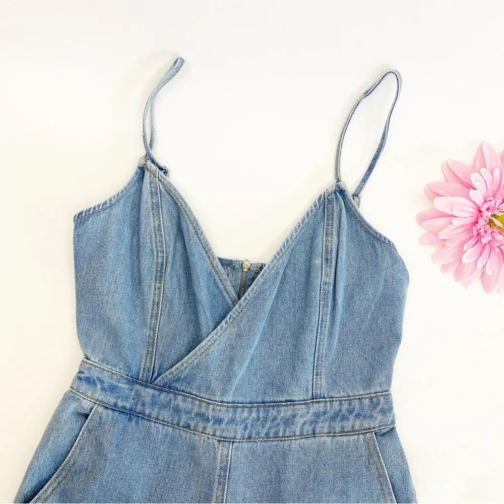 Denim Faux Wrap Surplice Straight Leg Jean Jumpsuit Overalls: Light Wash - Image 3