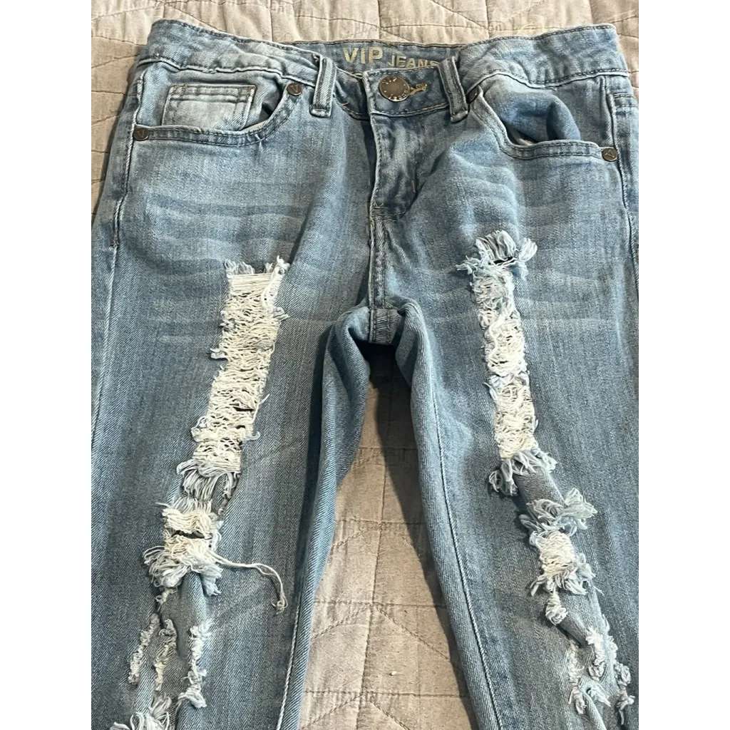VIP Jeans Womens Size 1/2 Light Wash Distressed Skinny Stretch Low Rise Denim - Image 2