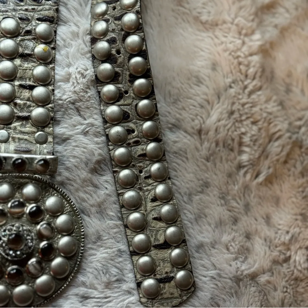 Leatherock Vintage Studded Embossed Leather Belt Crystal Buckle Sz 32 Silver - Image 7