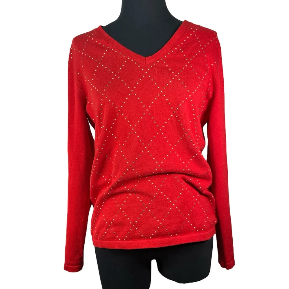V-neck cherry red 100% cotton gold metal stud argyle long sleeve festive sweater - Image 2