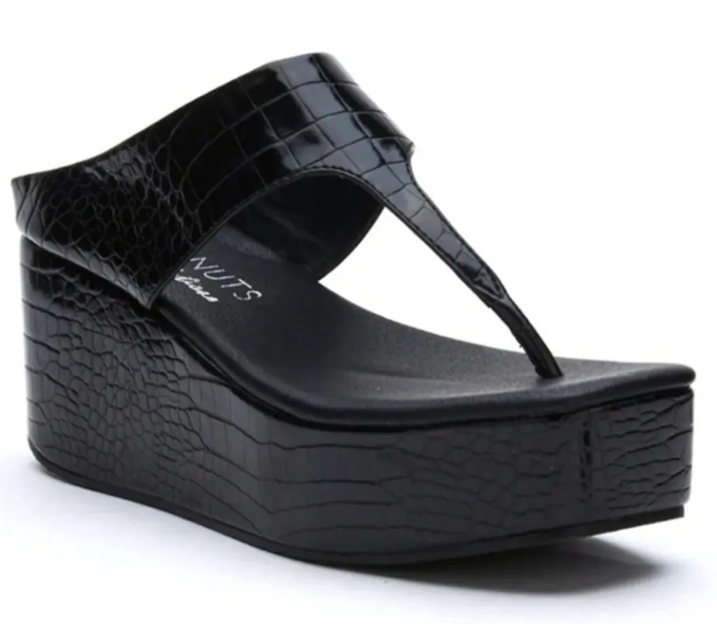 Coconuts by Matisse Lyric Black Croc Embossed Wedge Heel Thong Platform Sandals - Image 1