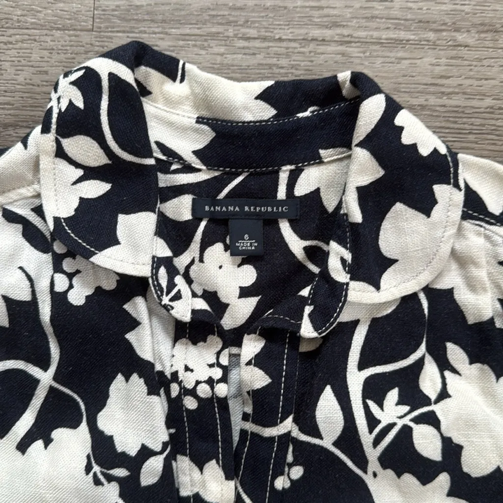 Banana Republic Navy and White Floral Button Down Mini Dress 6 Linen Casual - Image 3