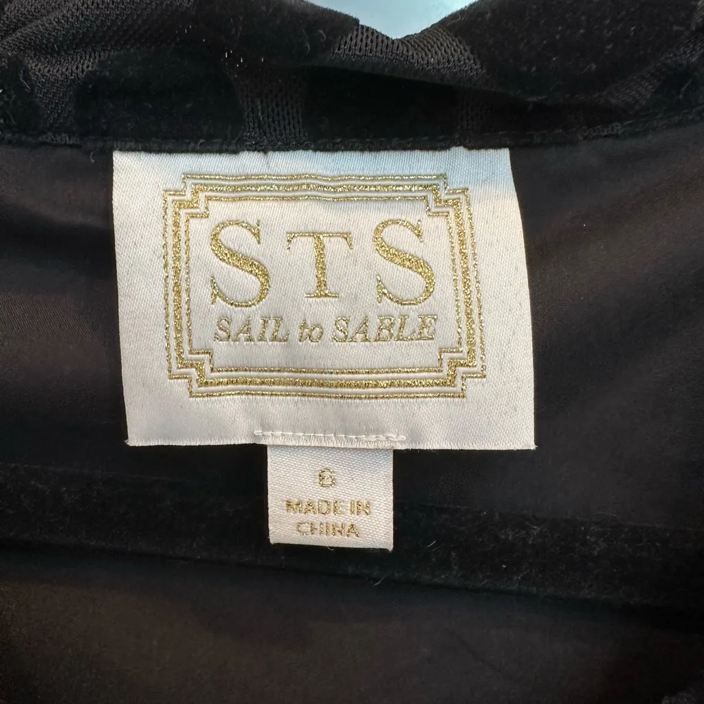 Sail to Sable Timeless Black Velvet Burnout Polka Dot Bow Front Dress Size 6 S - Image 9