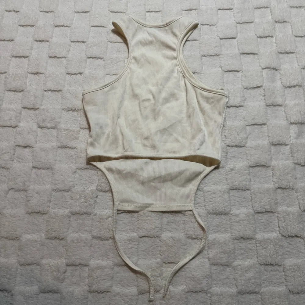 Urban Outfitters Cream Ribbed Sleeveless Racerback Tank Top, Tie Waist, Medium - Image 2