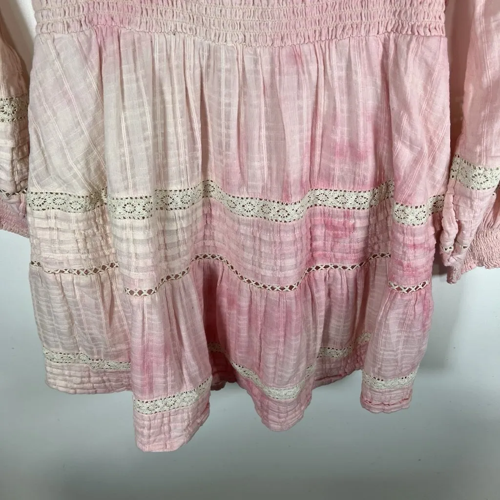 American Eagle Womens Pink Tie‎ Dye Smocked Ruffle Cotton Long Sleeve Dress L - Image 9