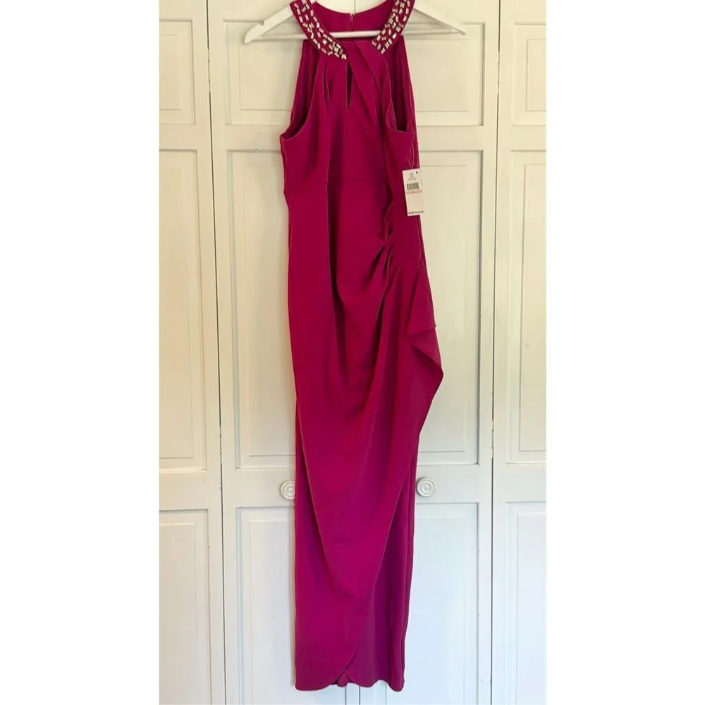 SLNY NWT pink crepe embellished neckline draped maxi dress 10 - Image 7