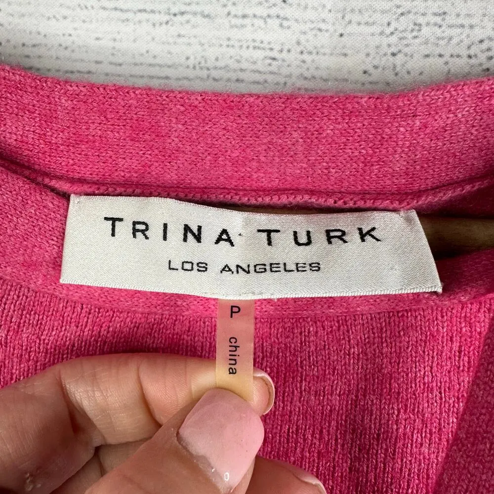 Trina Turk Womens size XS 3/4 Sleeve Silk Cashmere Sweater Barbie Pink Bow - Image 3
