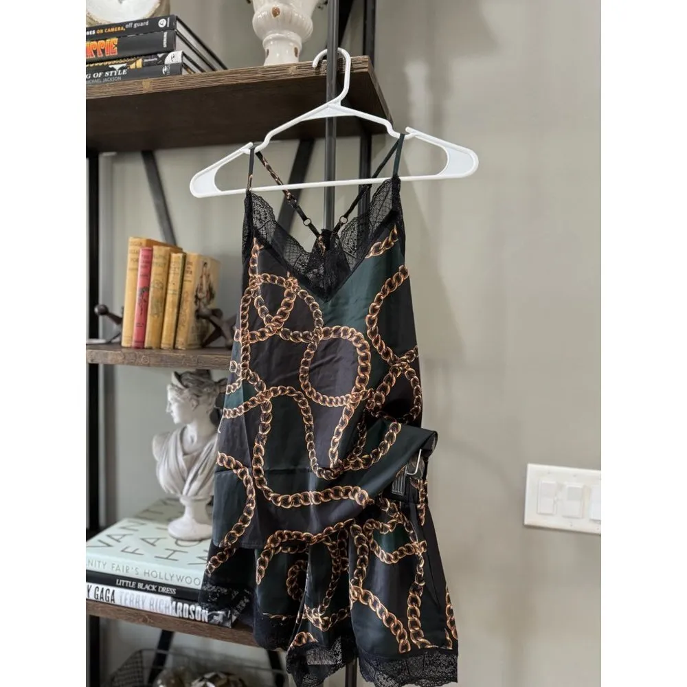 Plush Chain Link Cami Lace Trim Pajama Set Black & Green Womens Size XS - Image 5