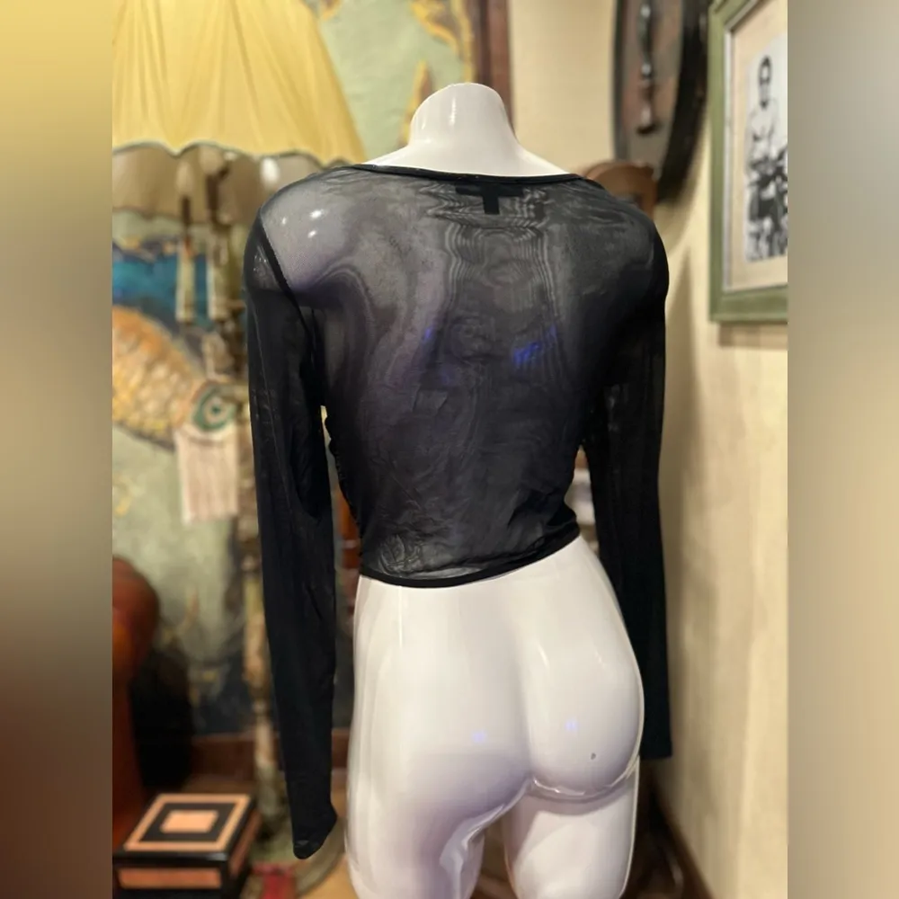 EUC Drawstring Ruched Bust Crop Latin Dance Top Tee Shirts Long Sleeve V Neck - Image 6