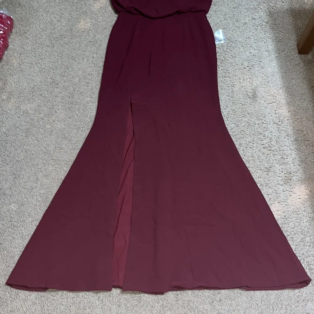 Dress the Population Gracelyn Blouson Jersey Maxi Gown Thigh High Slit Burgundy‎ - Image 9
