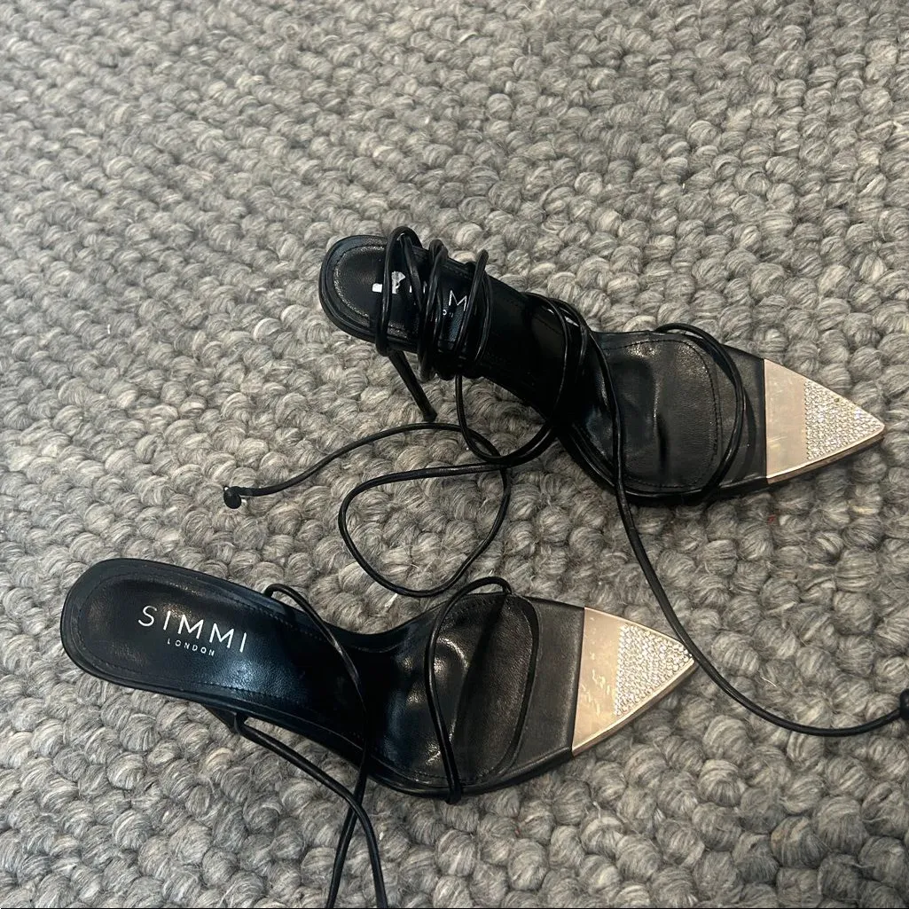 Simmi London Black Strappy Ankle Tie Up Crystal Toe Heels Size 36 - Image 3