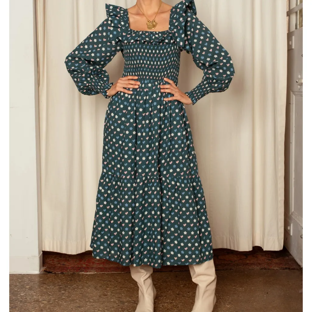 Ophelia & Indigo x Rondel Irma Dress S Cottagecore Smocked Tiered Cotton Midi Blue - Image 14