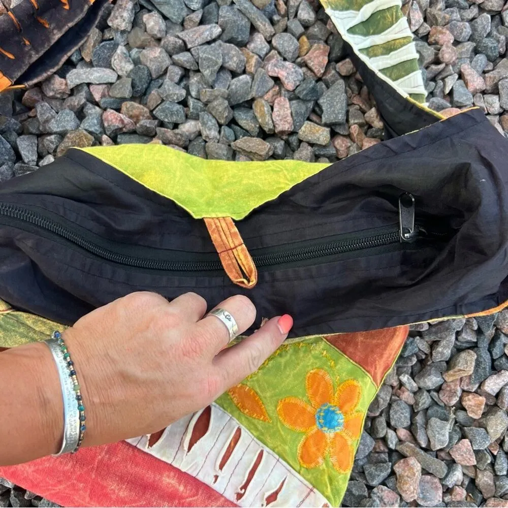 Hippie Boho Cotton Batik Patchwork Razor Cut Shoulder Bag Elephant Peace Flower Green - Image 4