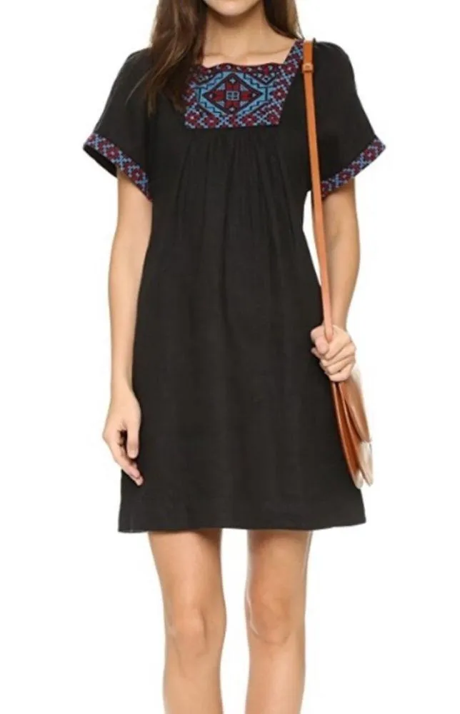 Madewell Black 100% Linen Embroidered Wander Mini Dress Black small blue red - Image 8