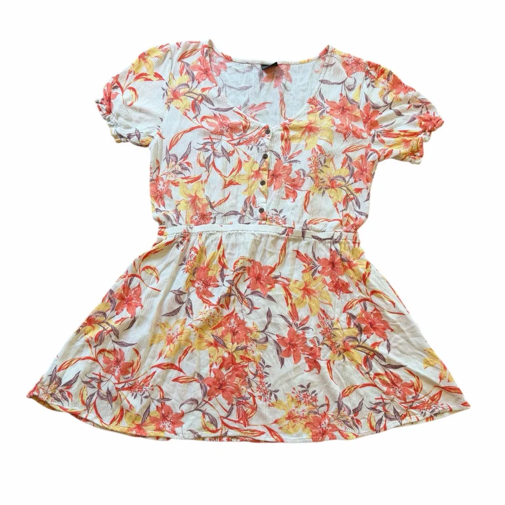 Hurley Floral Button Front Mini Dress Cream Coral Puff Sleeve Size Large - Image 7