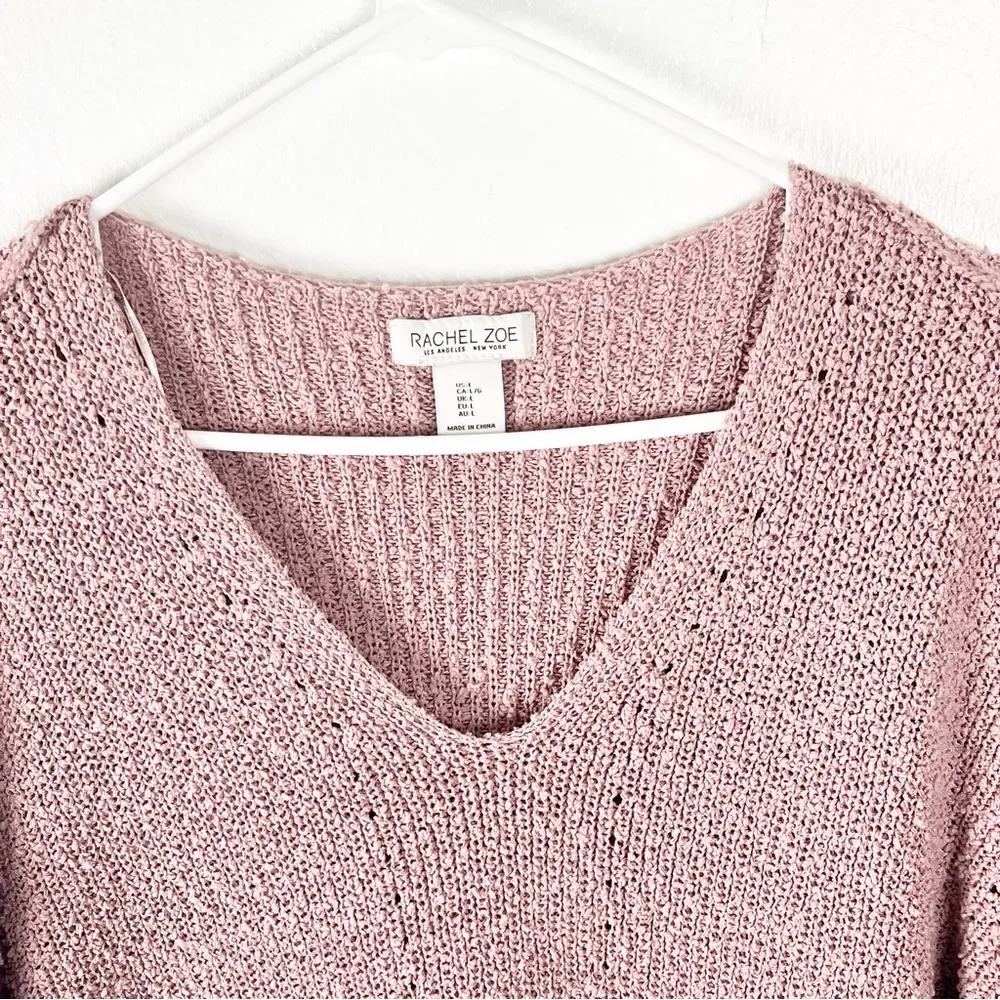 RACHEL ZOE Pink Open Knit V-Neck Long Sleeves Drop Shoulder Sweater, Size Large - Image 5
