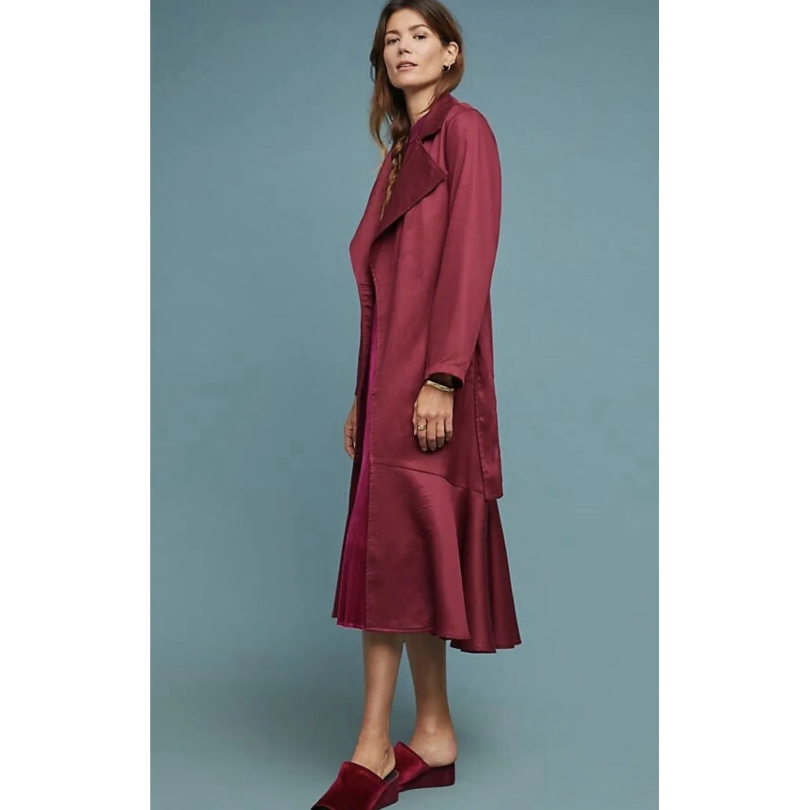 Anthropologie Cabernet Trench Coat Ruffle Hem Duster French Mauve EUC Size XL - Image 4