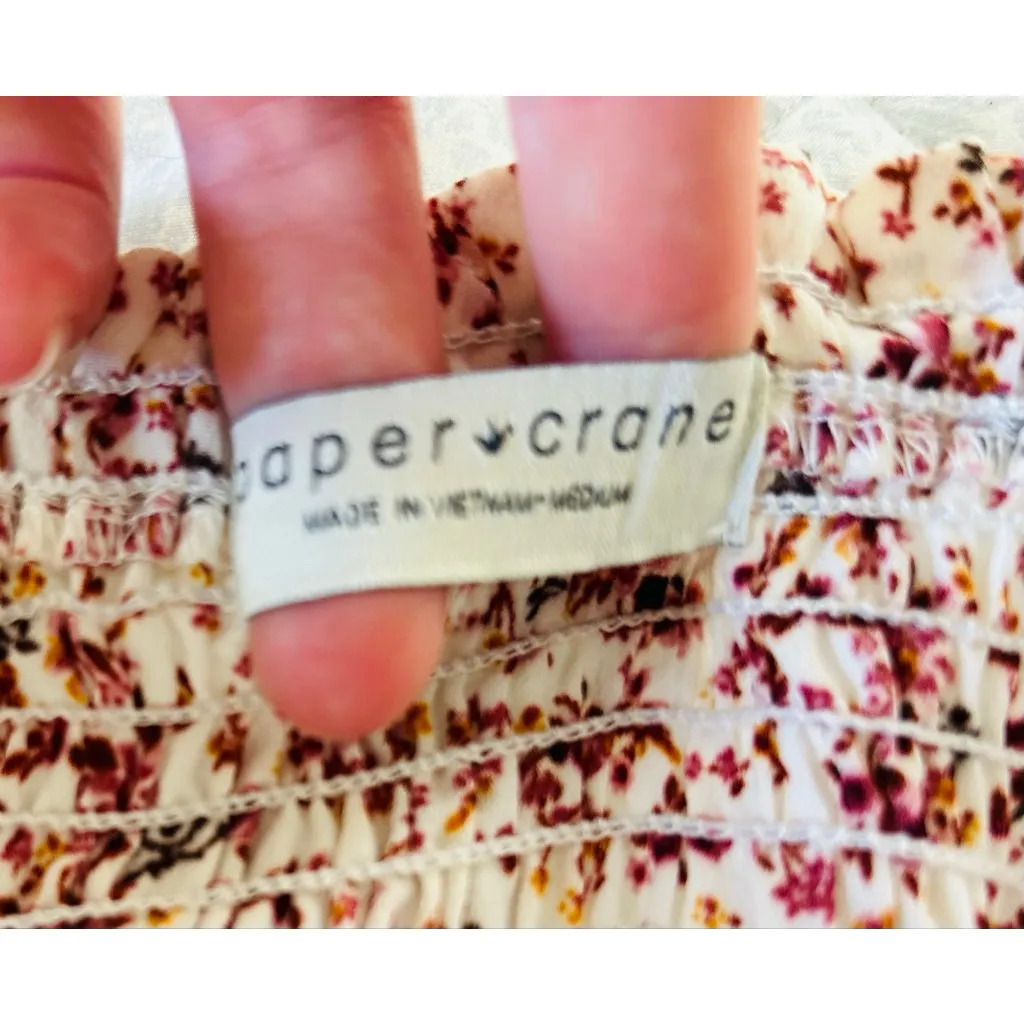 Women's Paper Crane Cream Burgundy Floral Smocked Peplum Crop Top M - Image 5