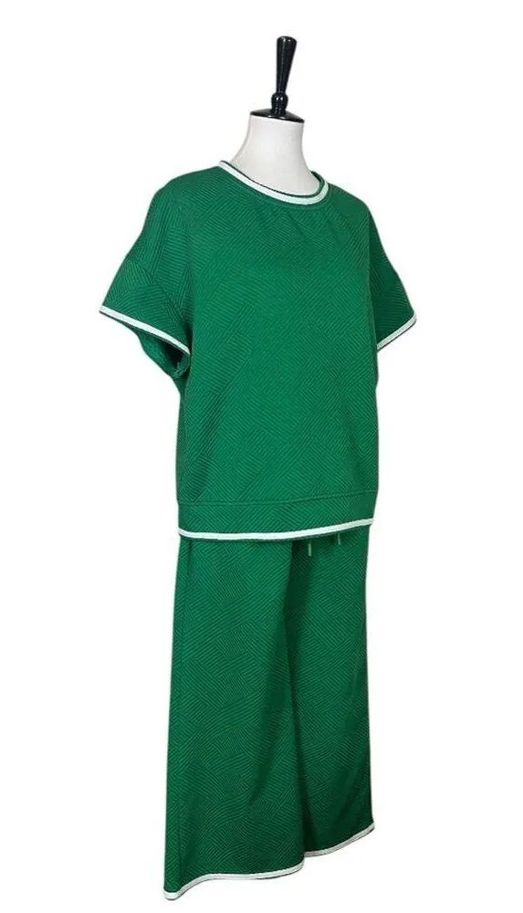 Fashion 2 Piece Set Top Wide Leg Crop Pant Kelly Green White Trim Women’s Size M Size M - Image 2