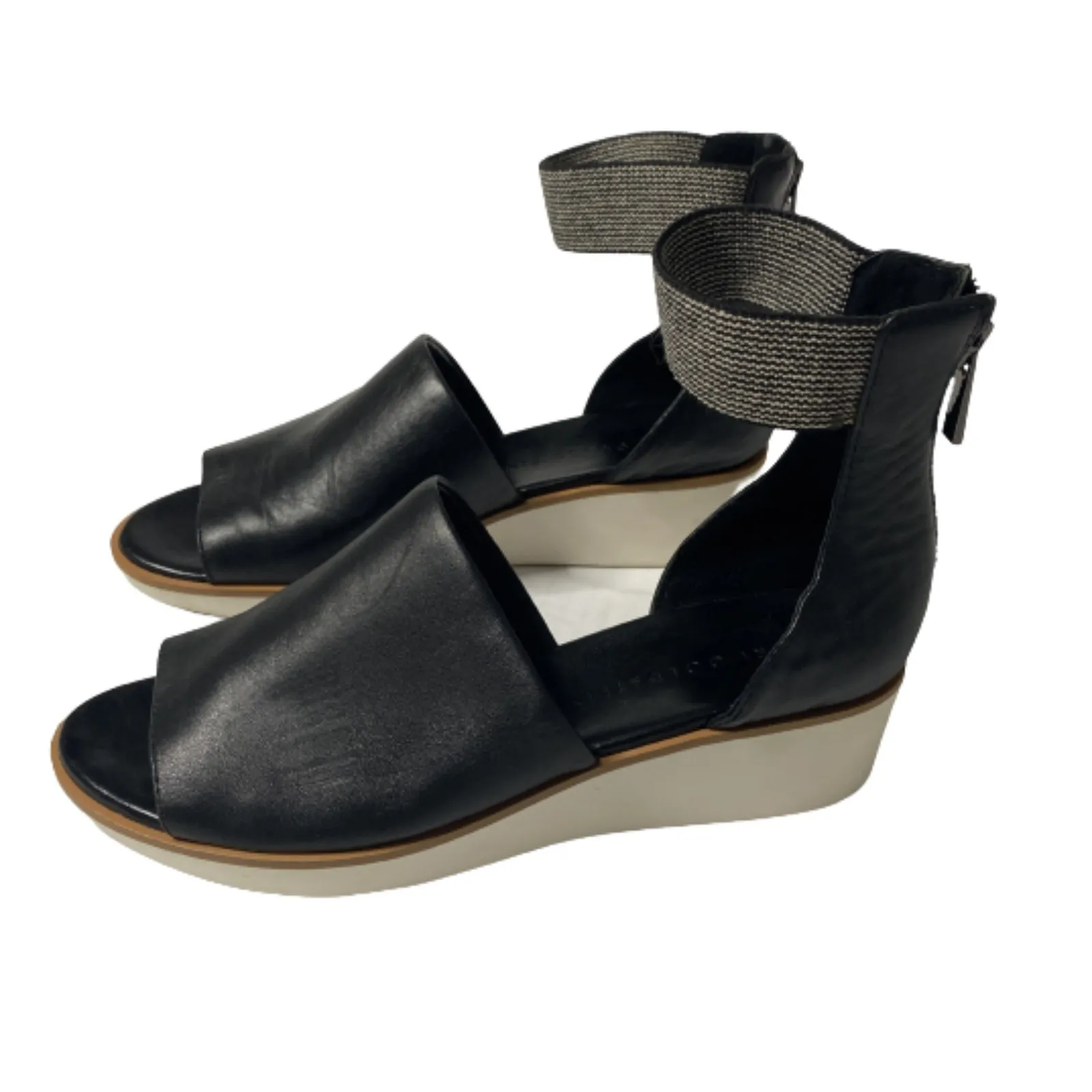 Logo Lori Goldstein Saffy Black Leather Ankle Strap Wedge Sandals Sz 7.5 (37.5) - Image 2