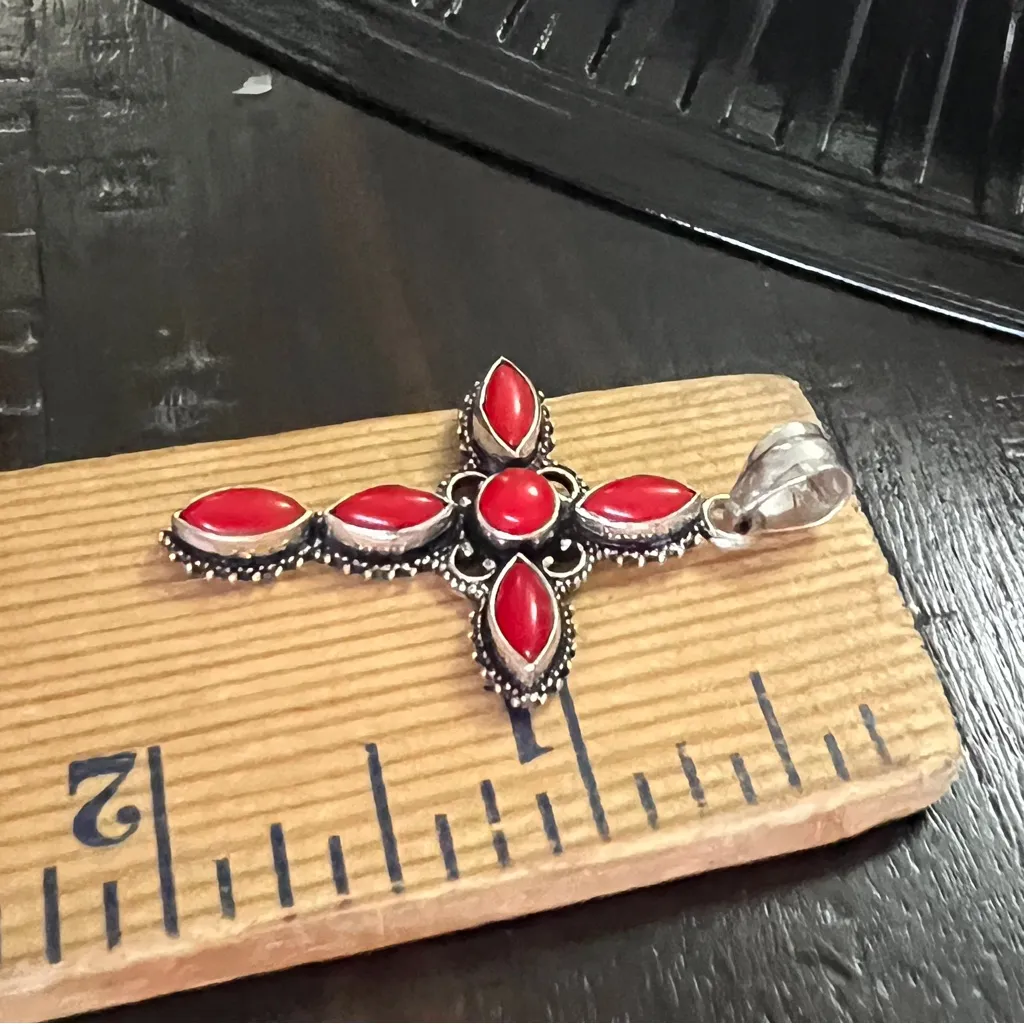 925 Sterling Silver Coral Gemstone Cross Necklace Womens Jewelry - Image 11