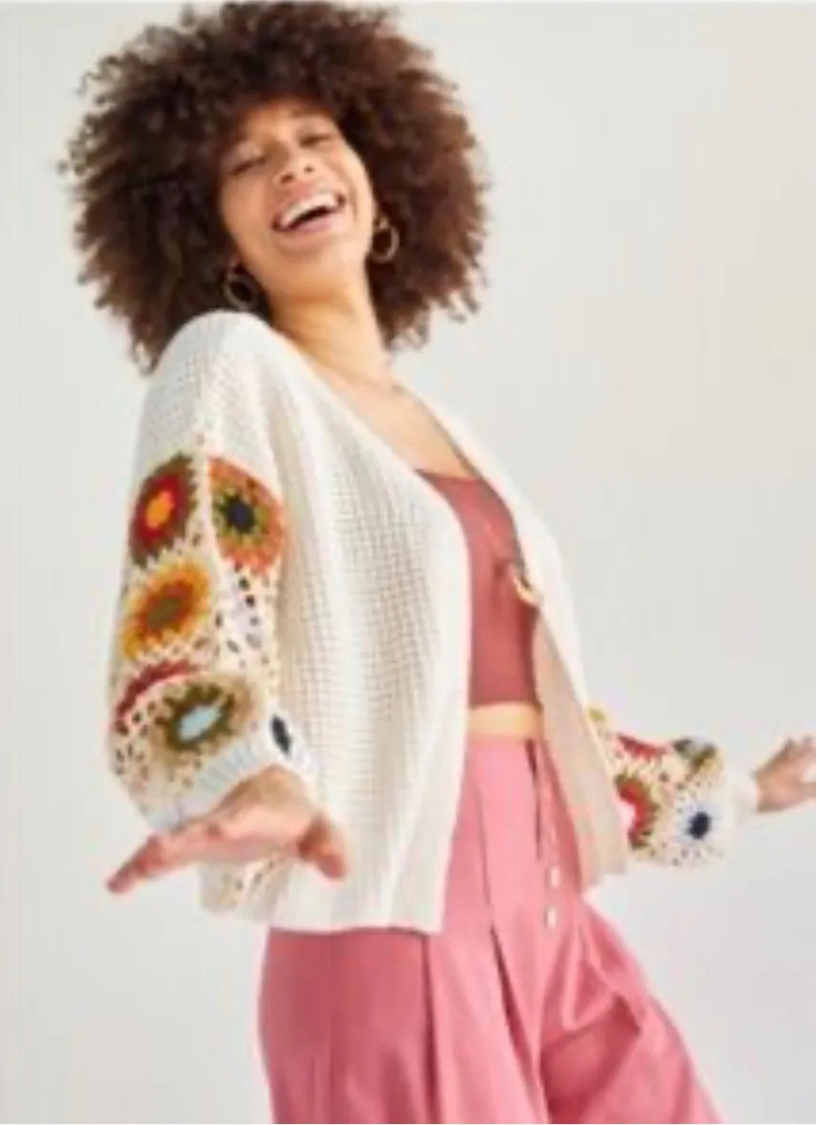 Audrey Parks Francesca Crochet Patchwork Knit Cardigan Cream Floral Boho Size S Brown - Image 1