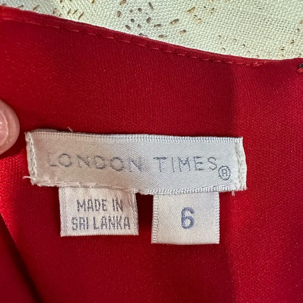 London Times Stretch Blouson Red Dress Size 6 Ruched - Image 7