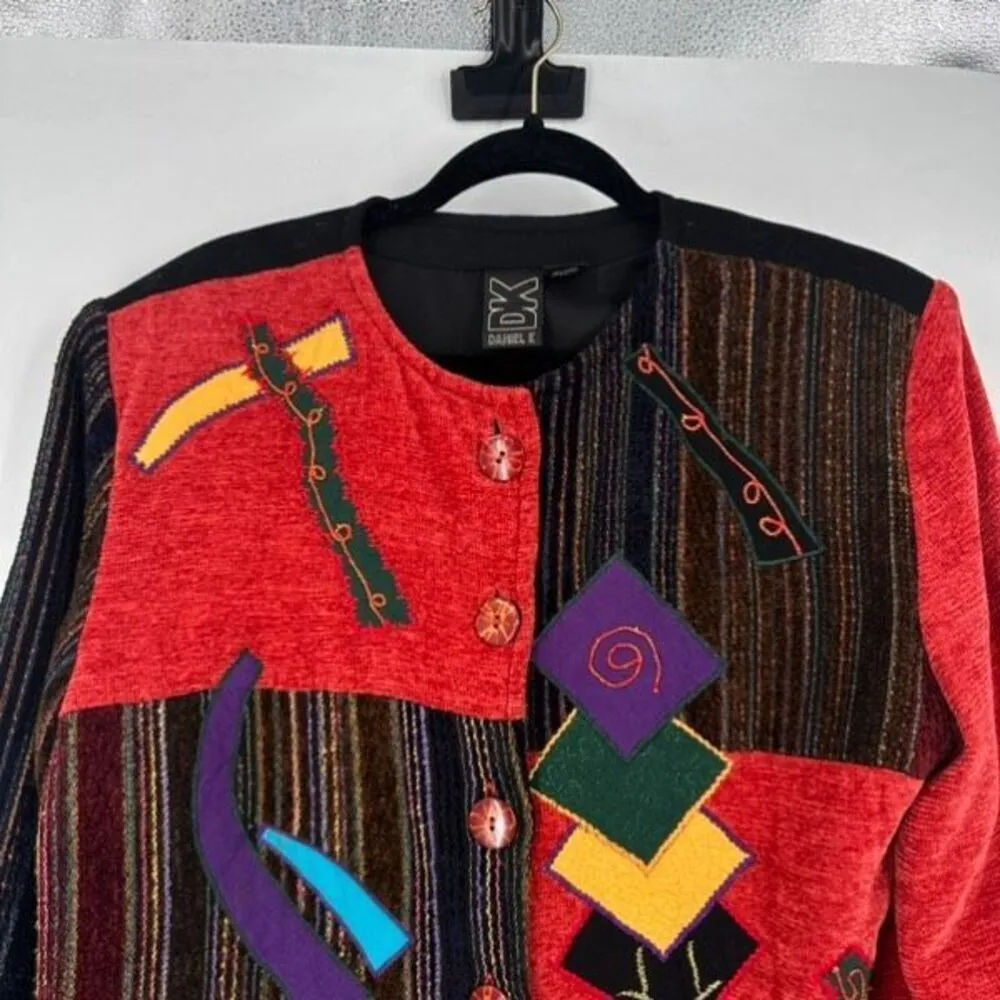 Vintage 90s DK by Daniel K Womens Patchwork Button Front Jacket Multicolor Large Red - Image 2