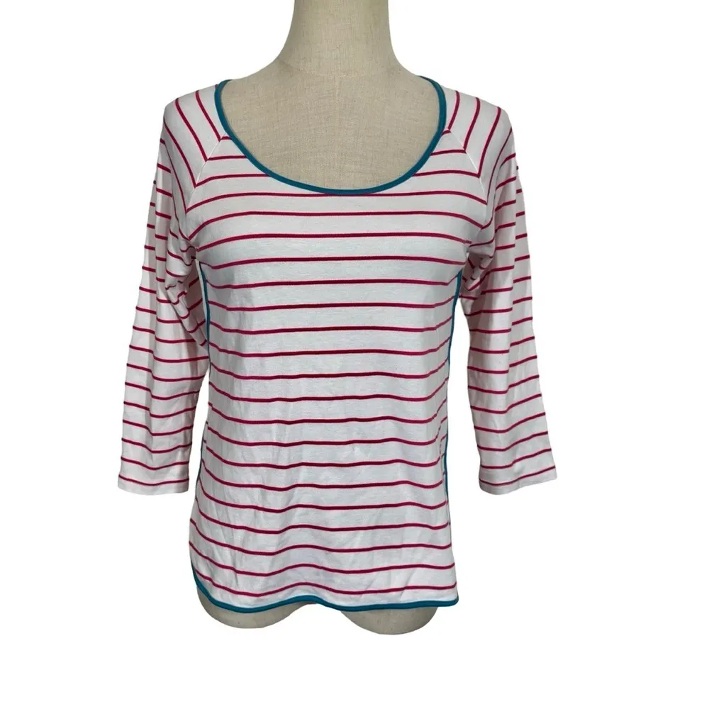LAKE Pajamas Pima Long Sleeve Scoop Neck Top In Ruby Breton Stripe Red Size XXS - Image 4