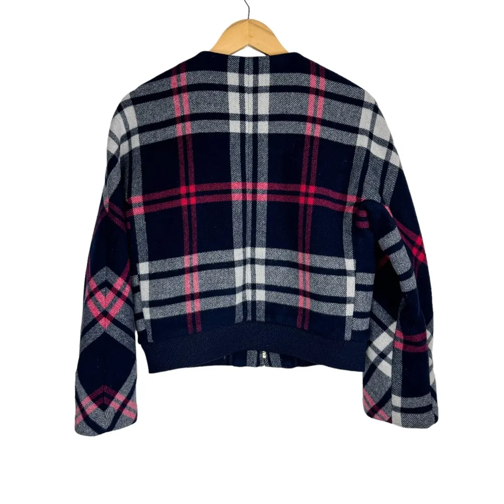 J. Crew Plaid Wool Bomber Jacket Sz Small Navy Blue Preppy Classic - Image 4