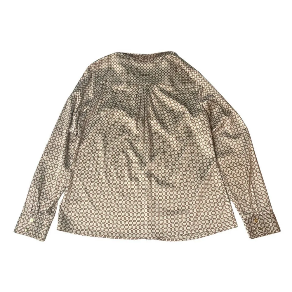 Womens Gili Brown Ivory Printed Silky Button Down Shirt Gold Button Accents Sz M Size M - Image 6
