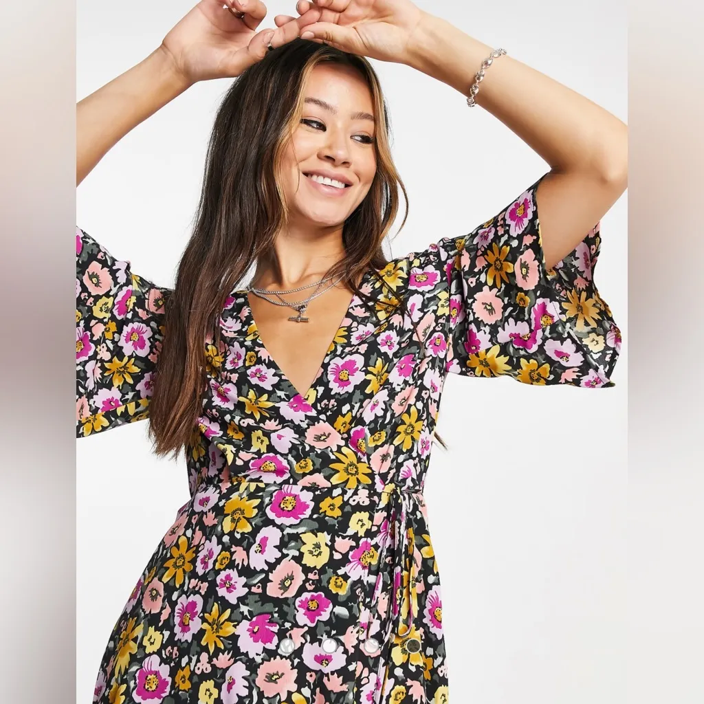 Topshop Floral‎ Print Wrap Front Tie Waist Bell Sleeve Angel Mini Dress Size 6 - Image 3