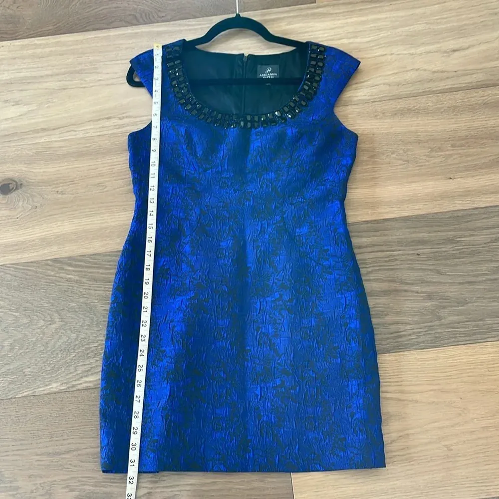 Adrianna Papell Black Blue Jacquard Brocade Beaded Embellished Sheath Dress 8P - Image 4