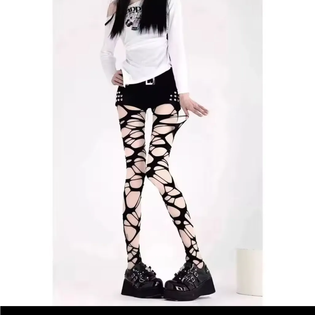 Sexy Black Ripped Fishnet Tights Women Gothic Punk Hollow Out Tight - Image 2