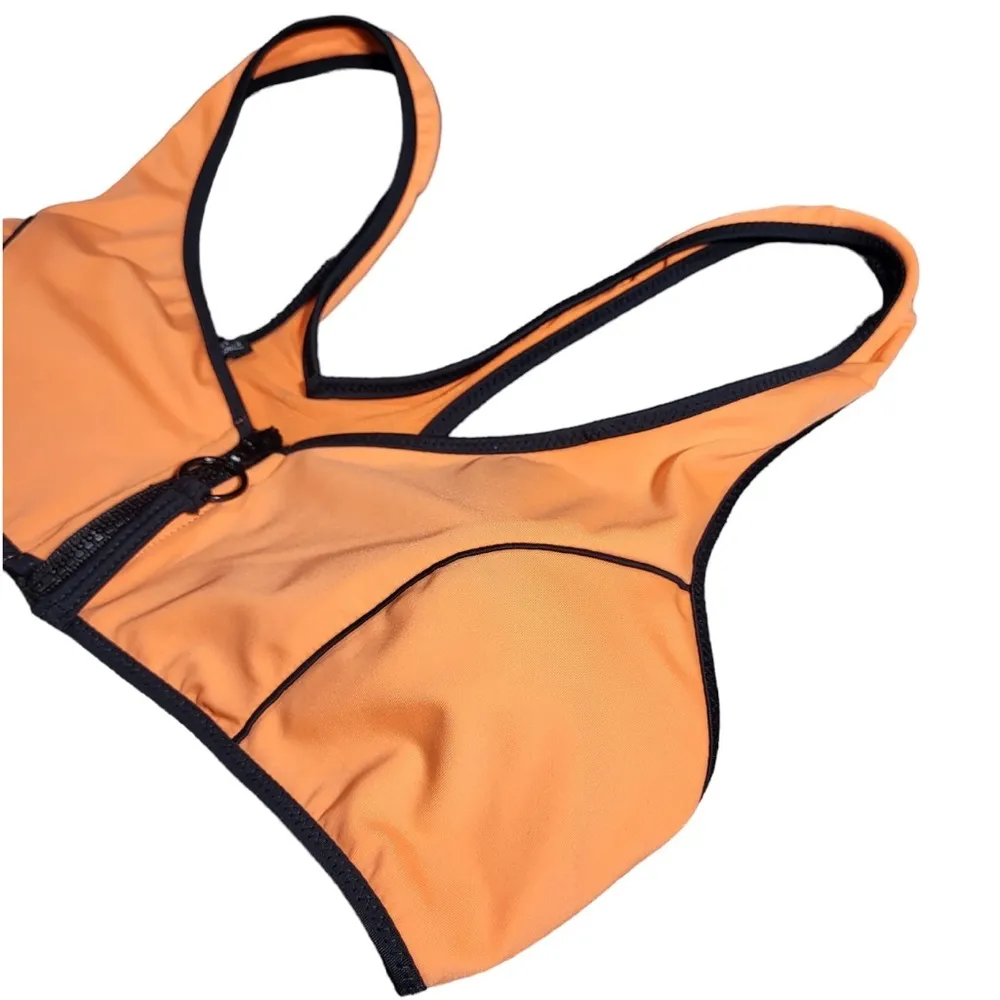 Swimwear Contrast Piping Bikini Zip Top in Neon Orange - Image 10