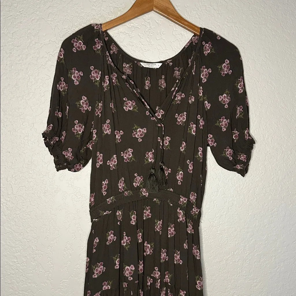 NEW Lucky Brand Boho Maxi Floral Dress Tiered Brown Pink Tassels Cottage XS - Image 6