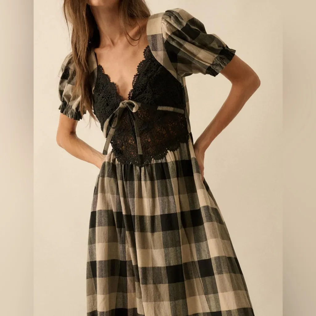Cottage Country Plaid Lace Puff-Sleeve maxi Dress pockets size M - Image 4