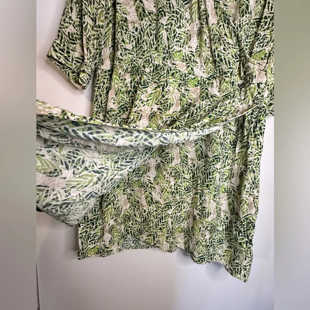 CAbi Faux Wrap Dress Green Tan Hawaiian Tropical Floral Leaf Print Mini Sz Small - Image 9