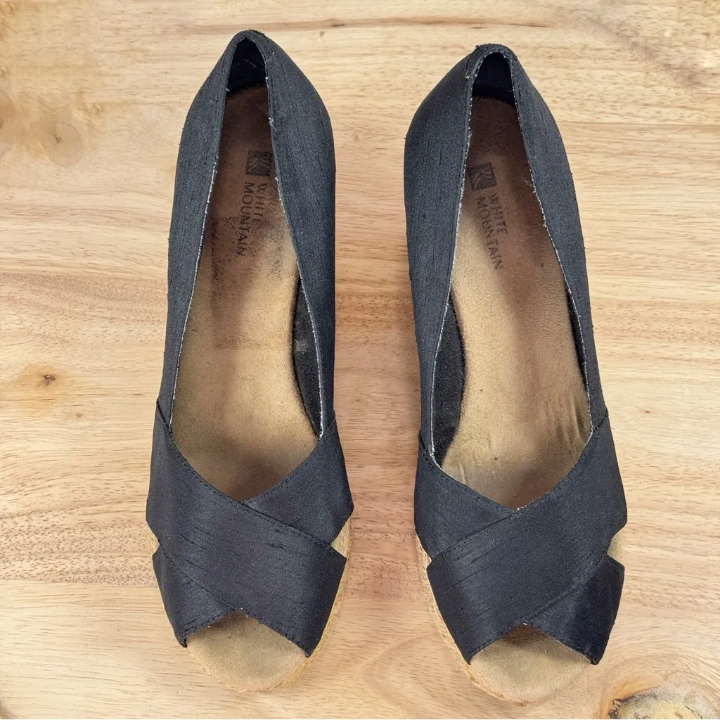 White Mountain Dupioni Fabric Peep‎ Toe Espadrille Wedge Heels Black 9 - Image 4