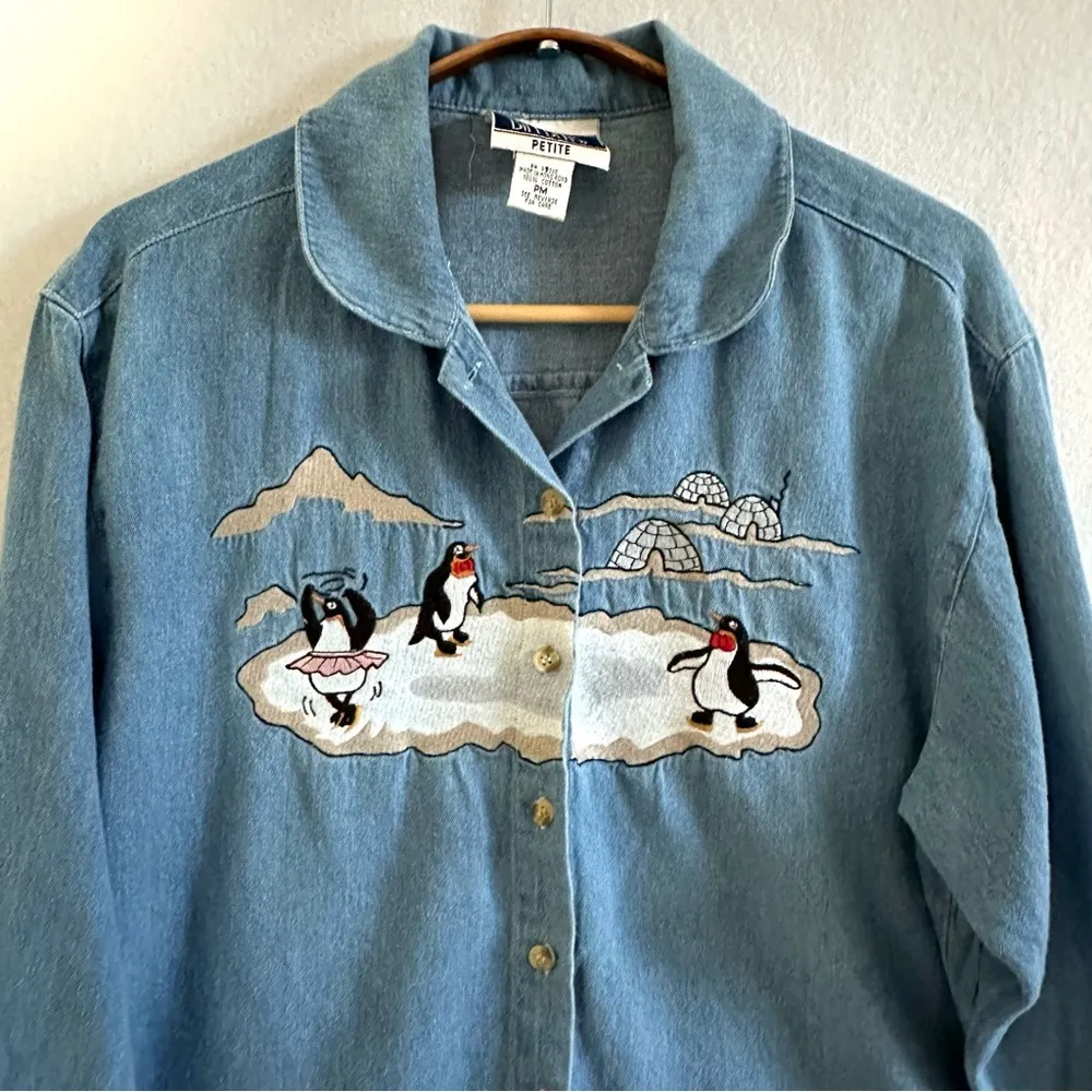 Vintage Bill Blass Women’s Denim Shirts Dancing Penguin Size MP - Image 2