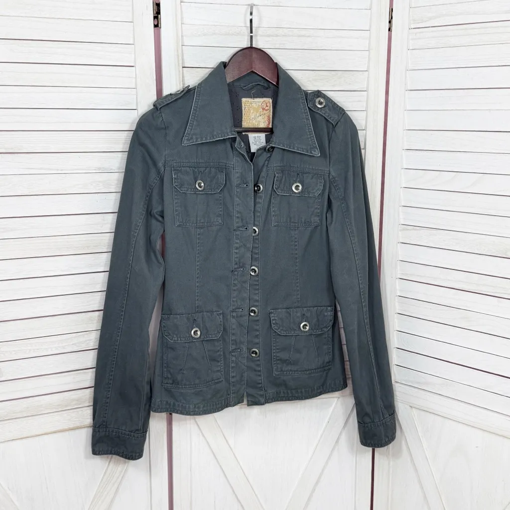 Billabong Button Up Utility Jacket Cotton Twill Grey Medium - Image 7