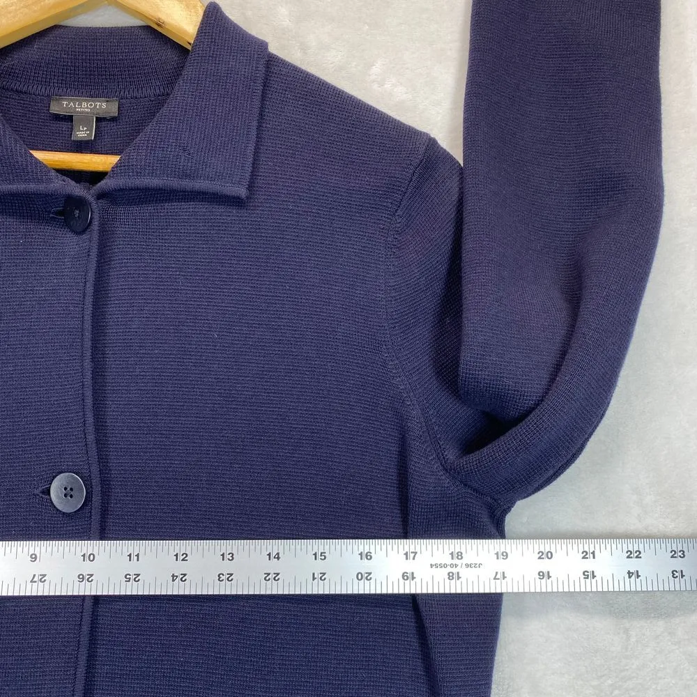Talbots Cardigan Jacket Blazer Large Petite‎ Navy Blue Knit Button Front Collar - Image 3