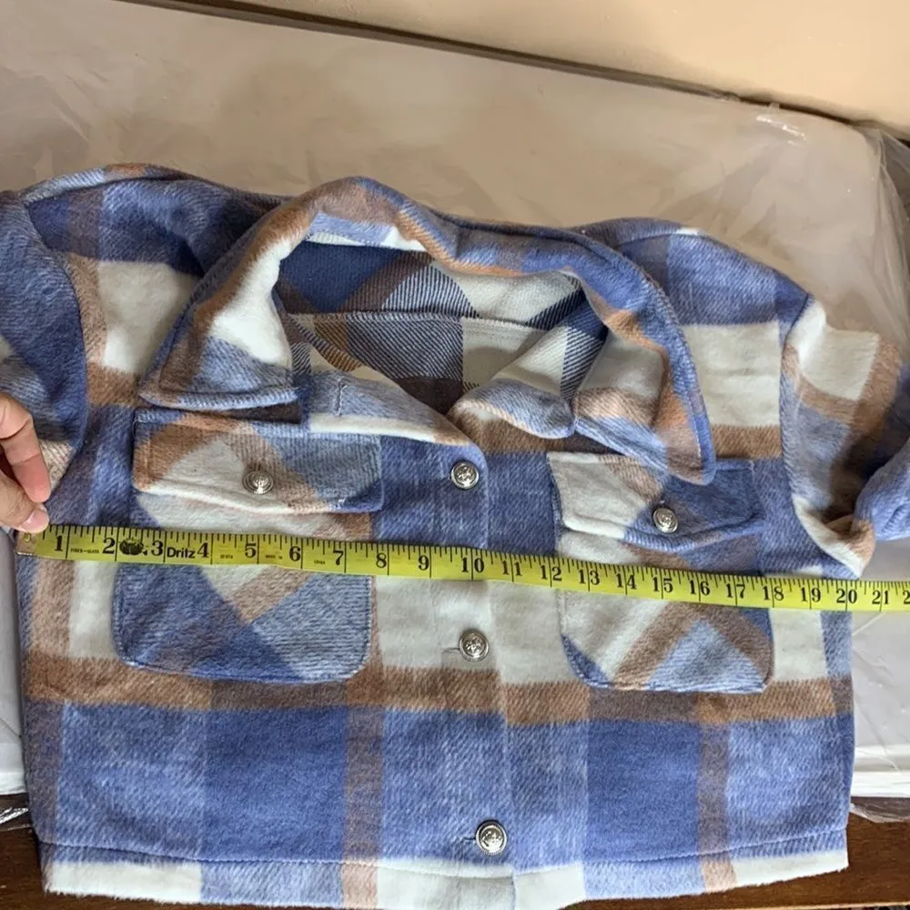 Plaid Print Drop Shoulder Crop Overcoat Size Large Blue - Image 10