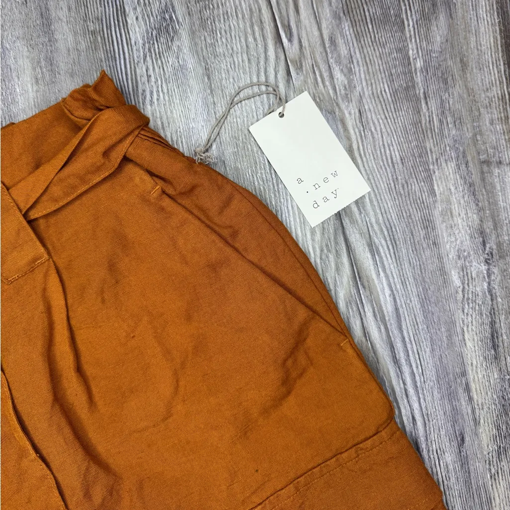 A New Day Womens Linen Blend Burnt Orange Cargo Shorts Pockets Mid Rise Large - Image 3